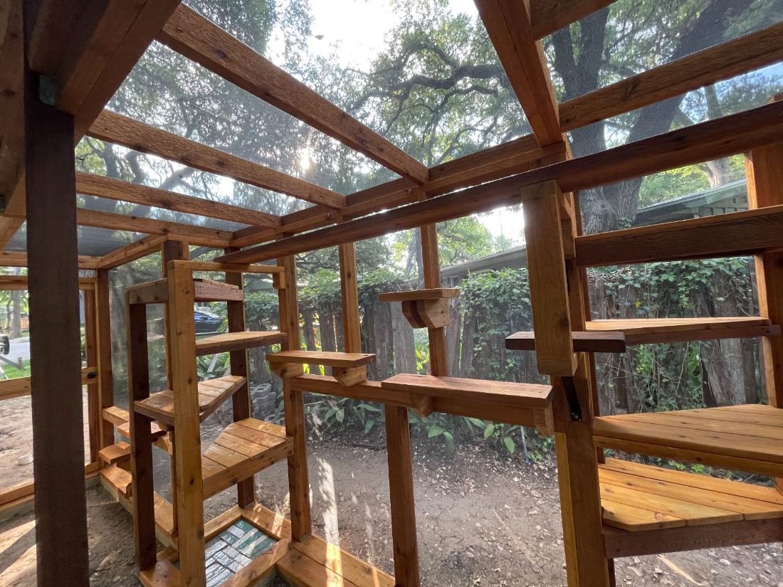 Inside a Signature catio built under live oaks